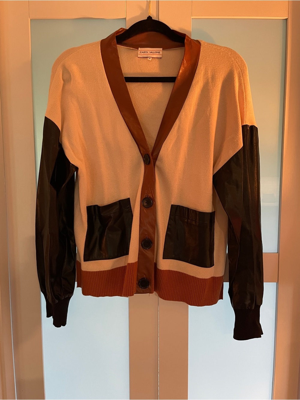Caryn Vallone Color Block Cardigan - Cream & Brown